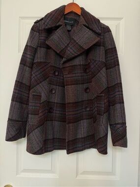 Moda International Wool Plaid Double-Breasted Peacoat in Plum/Brown